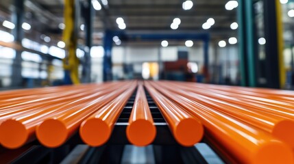 Orange metallic rods aligned on an industrial conveyor system ready for shipping blurred background showcasing factory environment vertical composition