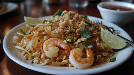 Fototapeta premium Delicious Pad Thai with Shrimp Garnished with Herbs Peanuts and Lime Wedges on a Plate