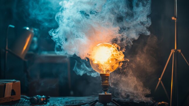 Alchemy setup with a glowing flask and smoke