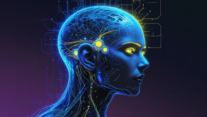  Side view of a humanoid head , representing futuristic technology and artificial intelligence.