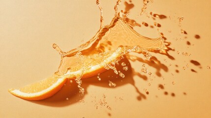 Orange liquid splashing over vibrant orange peel against a soft orange background with droplets creating dynamic motion and texture.
