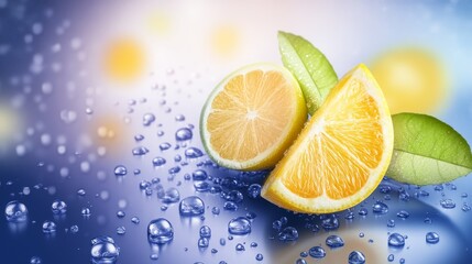 Orange and Lemon Citrus Slices - Juicy orange and lemon slices, glistening with water droplets, symbolize freshness, vitality, zest, and summer.  A vibrant image.