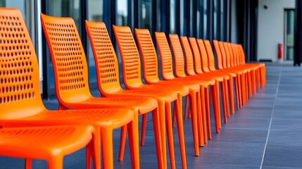 Naklejka premium Bright Orange Plastic Chairs in a Row - A row of vibrant orange plastic chairs sits outside a modern building, creating a visually striking image.