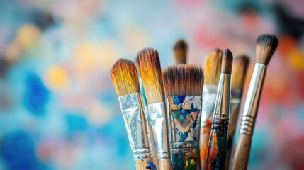 Fototapeta premium Close up of various paint brushes on a blurred colorful background showcasing artistic tools and creativity in action