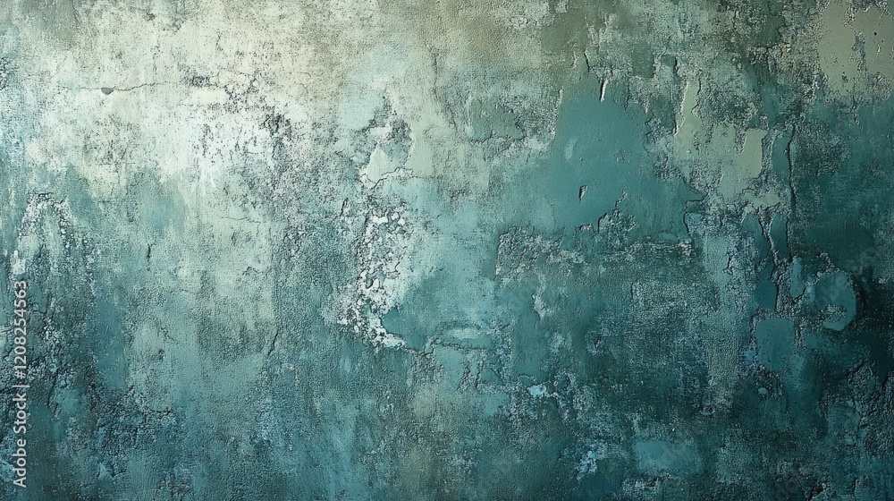 Poster abstract textured background with distressed paint layers in shades of blue and green for use in des