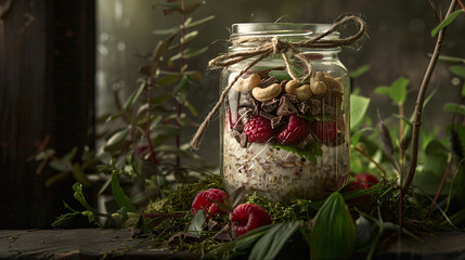 Healthy balanced breakfast in jar, overnight oats topped with raspberry, cashews and chocolate, side view, hight contrast, soft view, negative space