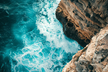 The ocean is crashing against the rocks, creating a powerful and dynamic scene. The water is a deep blue color, and the waves are crashing against the rocks with force. Concept of energy and movement