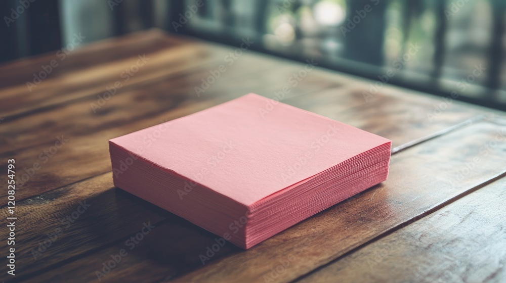 Poster pink sticky notes stack on rustic wooden table with natural light creating a warm and inviting works