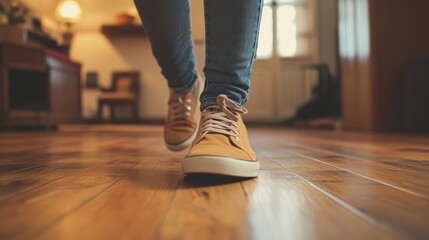 Obraz premium Casual Walk on Wooden Floor Highlighting Brown Shoes and Cozy Indoor Environment
