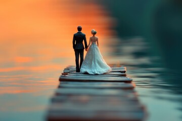 A miniature bride and groom stand hand-in-hand on a dock at sunset, gazing at the horizon.
