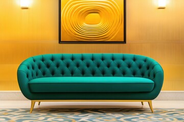 A luxurious living room with a golden and emerald green color scheme