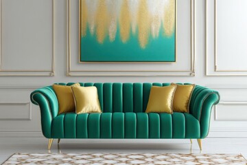 A luxurious living room with a golden and emerald green color scheme