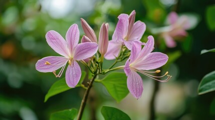 Blooming pink orchid tree flowers with delicate petals in a vibrant green garden setting showcasing the beauty of nature.