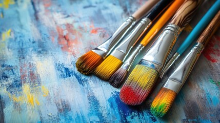 Colorful paint brushes arranged on a textured background showcasing artistic supplies for painting and creativity