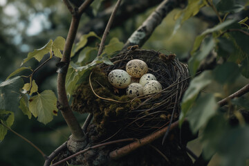 A photo of a nest with eggs resting on a tree branch, showcasing the beauty of nature.