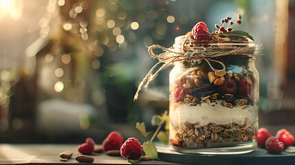 Healthy balanced breakfast in jar, overnight oats topped with raspberry, cashews and chocolate, side view, hight contrast, soft view, negative space