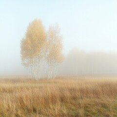 Fototapeta premium Foggy autumn morning landscape nature documentary in serene fields capturing seasonal change