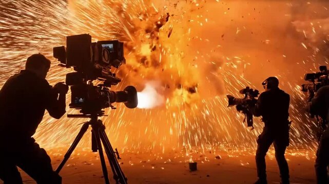 Scene of behind-the-scenes explosion scene of movie making video, smooth repeating motion for background video animation.