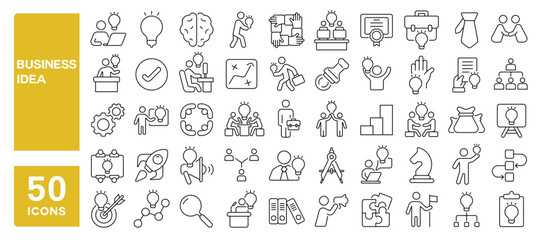 Set of 50 line icons related to business idea, creative, innovation, solution, success, teamwork, brainstorm, strategy, search, vision, target, Editable stroke. Vector illustration