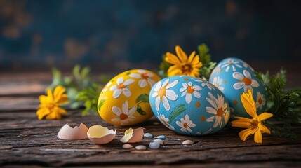 Colorful painted Easter eggs with flowers and broken shells on rustic wood background decorated with seasonal greenery and blossoms.