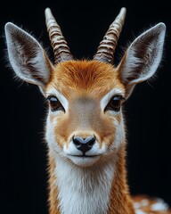 Fototapeta premium portrait of an antelope with smooth, short fur in warm shades of brown, beige, and white, shown in close-up against a black background that highlights its elegance and calm demeanor