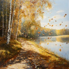 Fototapeta premium Autumn leaves falling by the river nature documentary colorful canopies peaceful landscape scenic view seasonal change