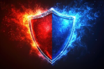 Fototapeta premium Fiery Red and Cool Blue Shield Symbolizing Conflict and Balance