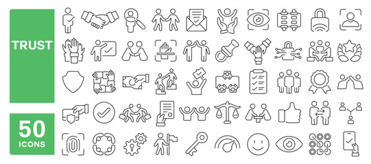 Set of 50 line icons related to trust, reliance, honest, safe, trustworthy, confidence, loyal, responsibility, integrity, credibility, handshake, Editable stroke. Vector illustration