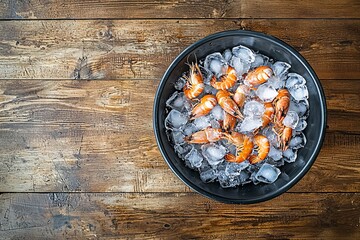 Boiled Crawfish in the ice on a wooden table. Appetizer protein. Top view flat lay background.