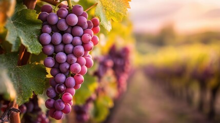 Fototapeta premium Vibrant violet pinkish grapes on vines in a vineyard during autumn sunlight ready for wine harvest and production with selective focus