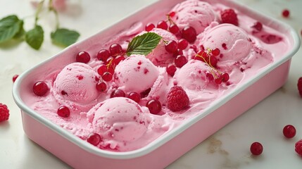 Pink raspberry and red currant ice cream served in a baking tray with fresh berries and mint garnish for a delicious dessert presentation