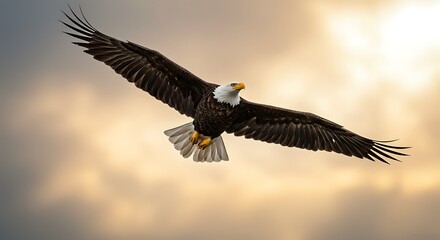 Obraz premium Majestic bald eagle in flight against a golden hour sky. Powerful wings.