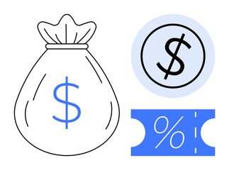 Money bag with dollar sign, dollar coin, and percentage coupon suggesting savings, finance, investment, discount, budgeting, and economic growth. Ideal for finance budgeting investments economics