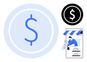 Huge blue dollar sign in light circle, small black dollar sign on right. Below man buying using large smartphone storefront. Ideal for e-commerce, online transactions, digital marketing, retail