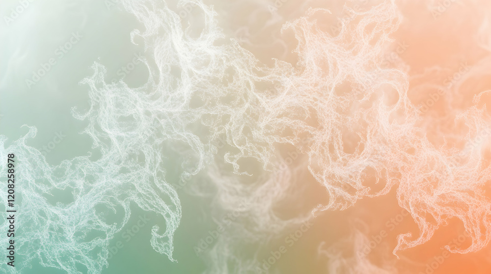 Wall mural mist forming intricate patterns against a pastel sage and coral gradient backdrop, with soft lightin