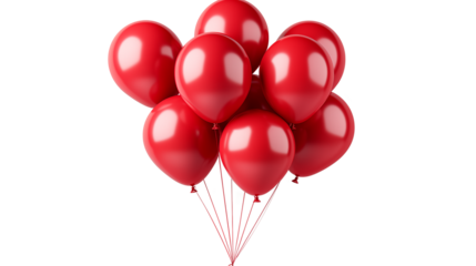 A vibrant red helium balloon floating against a clear blue sky, symbolizing celebration, studio view, isolated on transparent background.