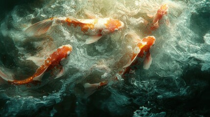 Flowing koi fish in clear water tranquil nature scene close-up serene environment vibrant details