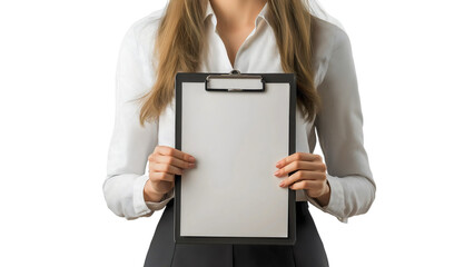 Professional woman holding a blank clipboard against a white background, perfect for business presentations, corporate communication, and creative mockups in a modern office setting