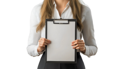 Professional woman holding a blank clipboard against a white background, perfect for business presentations, corporate communication, and creative mockups in a modern office setting