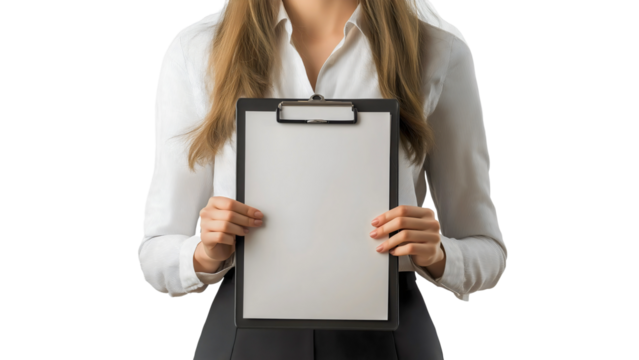 Professional woman holding a blank clipboard against a white background, perfect for business presentations, corporate communication, and creative mockups in a modern office setting