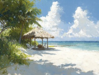 Fototapeta premium Tropical beach cabana views lively atmosphere scenic landscape vibrant serenity coastal paradise