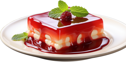 A shimmering red jelly dessert, symbolizing fun and festive indulgence, studio view, isolated on transparent background.