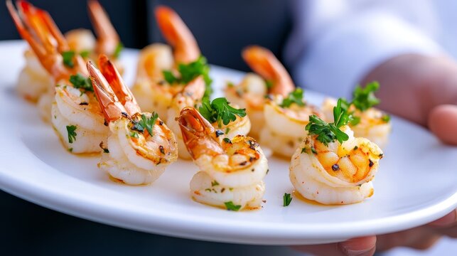 Elegant Grilled Shrimp Appetizer - Delicious grilled shrimp appetizer, seasoned with herbs, served on a white plate.  Symbolising luxury, freshness, flavor, elegance, and culinary expertise.