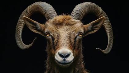 Photograph of a goat with long, curved horns and brown fur on the face, looking at the camera against a green background.