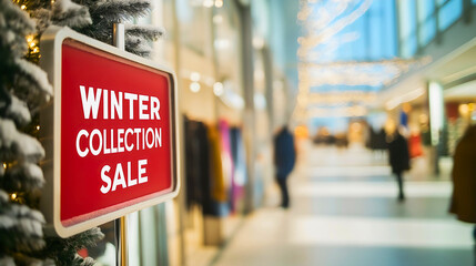 Obraz premium Winter sale collection promotion in a festive shopping mall featuring stylish clothing, seasonal discounts, vibrant colors, and a cheerful holiday shopping atmosphere with trendy winter merchandise