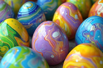 Obraz premium Colorful Marbled Easter Eggs in Vibrant Patterns and Bright Hues