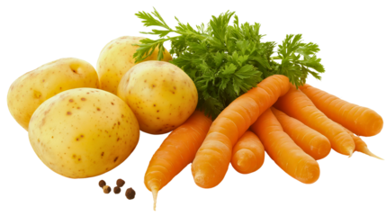 Fresh Harvest of Organic Potatoes and Carrots Bundled with Culinary Herbs, Perfect for Wholesome, Nutrient-Rich Meals, Highlighting Vibrant, Seasonal Vegetables