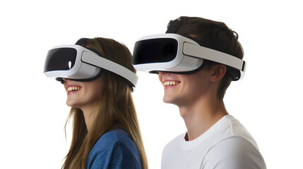Smiling Young Couple Enjoying an Immersive Virtual Reality Gaming Experience with Headsets, Engaged in Digital Interaction and Playful Bonding in a Futuristic, Tech-Savvy Environment