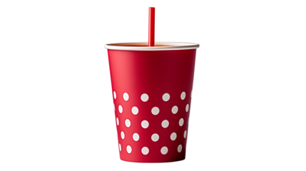 Bright red paper cup with a striped straw, perfect for beverages on the go, studio view, isolated on transparent background.
