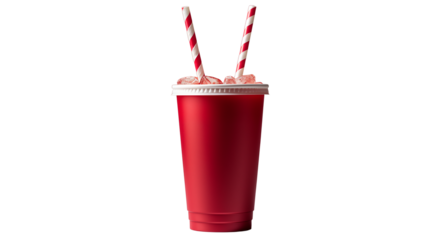 Red paper cup with a straw, ideal for soft drinks or quick refreshments, studio view, isolated on transparent background.